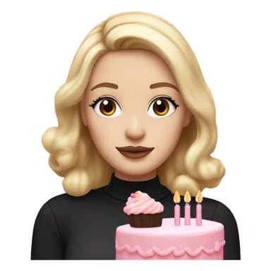 White girl with blonde medium length straight hair, pink lips, dark eyes, black turtleneck, white and pink birthday cake in hands sticker