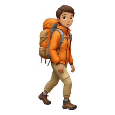 Person hiking through mountains, wearing orange jacket, carrying backpack, scenic landscape sticker