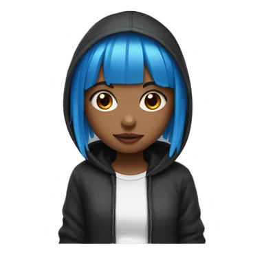 Girl with a blue bang and pink strands and a black hoodie with white strings sticker