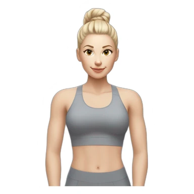 Pale skinned fit woman In a gray tight yoga suit and wristbands With ash blonde hair in a bun doing yoga sticker