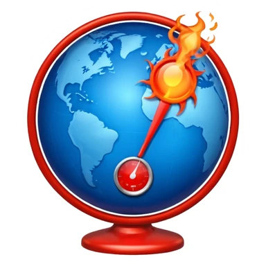 Blue Earth sphere, tilted. Prominent, oversized, fiery red thermometer/gauge, embedded. Indicator peaking 'danger' zone. Stylized orange/red heat waves/wisps rising from top half. Strong blue/red contrast sticker