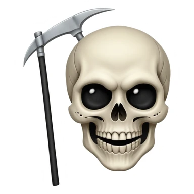 A laughing skull with a scythe crossed behind it, one eye socket winking. Clean, stylized lines, flat vector. Medieval woodcut style. Black and white with one accent color (tarnished silver). No background. sticker
