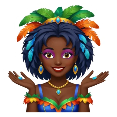 i need the same girl in "dark skin girl, dark red lipstick, nails very beautiful" to be smiling in "carnival mas costume, blue, green and orange preferably, full costume feathers at the back" she is to be smiling, hair should be dark shoulder length, black nail polish on her fingers  sticker