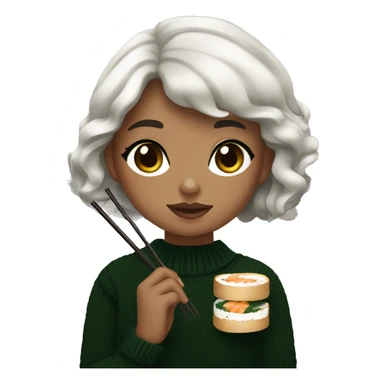 A girl with medium skin tone, dark brown short wavy hair, dark brown eyes, black nails, dark green sweater, black nails, eating sushi with chopsticks sticker