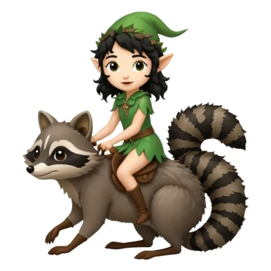 tiny forest elf with curly black hair riding raccoon sticker