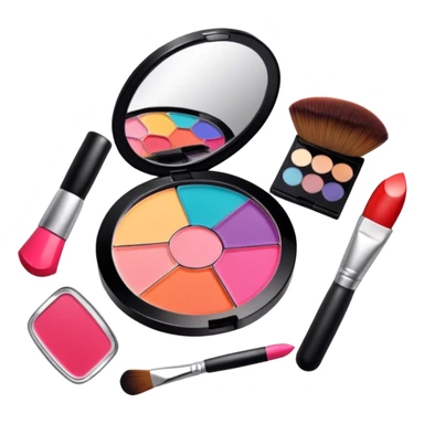 A photorealistic icon featuring makeup brushes, a lipstick being applied, an eyeshadow palette with colors in use and a compact mirror reflecting a half-done makeup look. The design captures the artistry and process of makeup with bright and realistic textures. Transparent background. sticker
