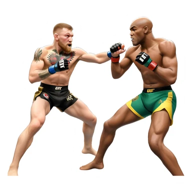 An MMA showdown between Conor McGregor and Anderson Silva in the octagon. McGregor is executing a powerful jumping strike, while Silva is expertly blocking the attack with his forearm. The background features the UFC octagon, fans in the distance, and dynamic action. Transparent background sticker