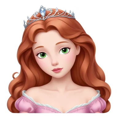 Cinematic Elegant Sleeping Beauty Portrait Emoji, rendered in a realistic, vector-style with minimal shading and bold, simplified shapes. Depict Aurora (Sleeping Beauty) (chest and above) with delicate porcelain skin, soft auburn hair styled gracefully, and gentle, dreamy eyes, dressed in her classic pink gown. The image glows with a soft, enchanting radiance and high shine, capturing timeless regal beauty. sticker