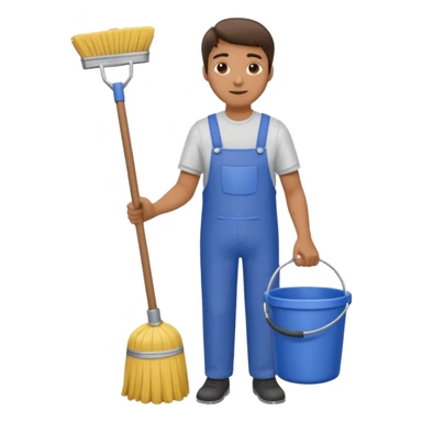 man in cleaning clothes, holding a broom and a bucket sticker