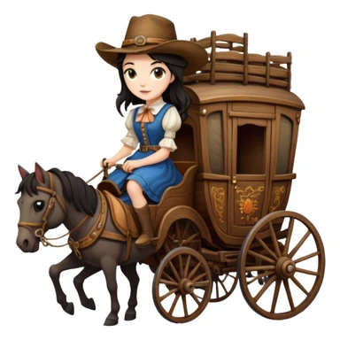  Rustic antique wood detailed 1854 pretty dark-haired Catgirl driving a huge horse-drawn stagecoach Caravan on a bumpy scary trail in the woods  sticker