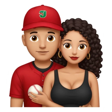 A picture of an embracing tanned couple. the man is a Mexican man with tanned skin, with a bald hair cut wearing a red baseball hat and wearing a black shirt. the woman is mixed, with glasses,  with long curly dark brown hair and with big boobs. Remove the glasses from the guy sticker