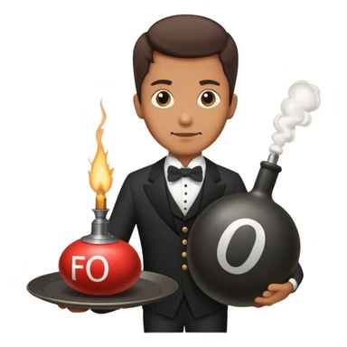 A butler holding an old-fashion bomb on a plater with the letters “FO” on the side sticker