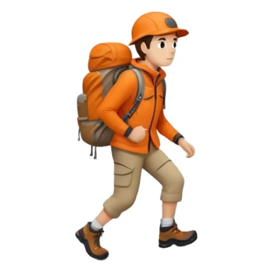 Hiker in orange jacket with backpack climbing mountain trail, minimalist design sticker