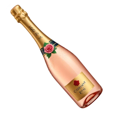 bottle of sparkling rosé champagne with a rose logo on the label, with the cork popping out from the top, tilted up and to the left, no glass sticker