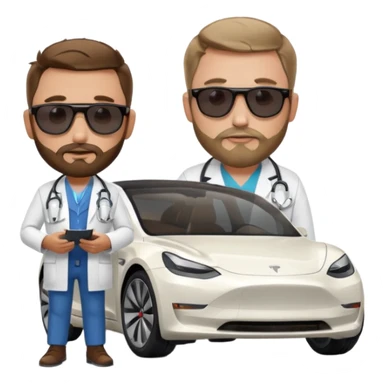 White tesla model 3 and one cool physician with dark blond hair, beard, stetoscope and dark sunglasses next to it sticker