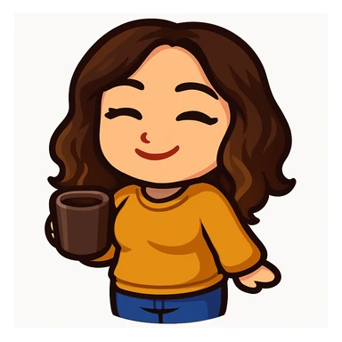 Sticker style chibi emote, matching the attached green heart emote as a base, but with a slightly skinnier body and a bigger chest. Woman from reference, yellow sweater and blue jeans, holding a coffee mug, cute cozy face, no headband, no wand, no green heart, transparent background. Top color should not match jeans. sticker