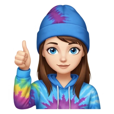 White woman with buzzed brown hair and a side bang on her face under a black beanie. i want her to have blue eyes with long eyelashes and tiedye hoodie. i would like for her to be doing a thumbs up with one hand  sticker