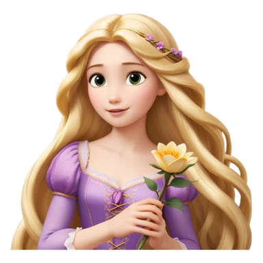 Cinematic Realistic Rapunzel Portrait, with porcelain-like skin featuring a subtle, natural glow, illuminated by soft lighting that brings out the gentle contours of her face. Her long, golden blonde hair cascades in detailed waves, each strand highlighted with a radiant shimmer as it catches the light. She playfully holds a flower in one hand, her other hand resting casually in her lap, with a warm and spirited expression. Her bright, expressive green eyes exude curiosity and warmth, framed by delicate lashes and soft, arched brows. She is dressed in her classic lavender and pink gown, the fabric textured with delicate folds that flow naturally, catching the light with a soft, radiant glow. The portrait captures a luminous, enchanting aura, seamlessly blending realism with a whimsical, fairytale charm, evoking a timeless sense of beauty and magic. sticker