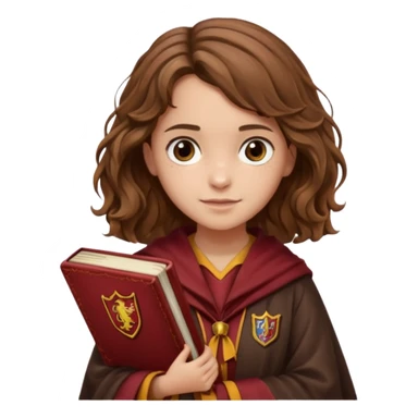 Illustrate Hermione Granger with wavy brown hair, Gryffindor robe & holding a book or wand sticker