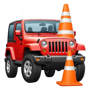 red Jeep Wrangler crushing a completely all-white traffic cone with no orange, no stripes, no markings under its tires, emoji style sticker