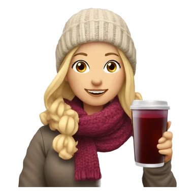 Woman with blonde Hair, wearing a scarf and Knit hat. Shes holding hot cup with mulled wine  sticker