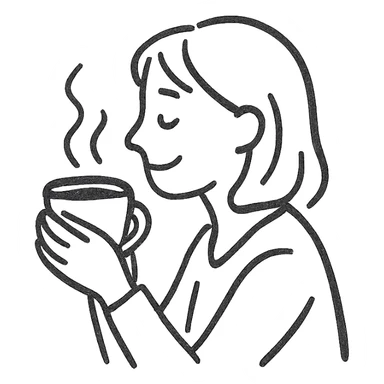 hand-drawn pen sketch emoji of a woman in side view, enjoying coffee, smiling softly, holding a steaming cup with both hands, minimal color or just black lines, simple and casual, relaxed, cozy atmosphere, clear facial expression sticker