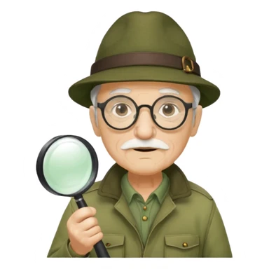 old man in beige moss green explorer outfit, wear black glass, hat, holding magnifying glass sticker