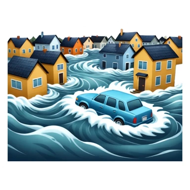 showing a flood disaster scene with strong water waves overflowing streets, partially submerged houses and cars, dark cloudy sky sticker
