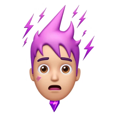 3D emoji of a confused character with lightning bolt and exclamation above head, purple/pink palette, worried face sticker