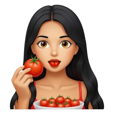 Pretty tanned girl with long black hair, eating tomatoes sticker