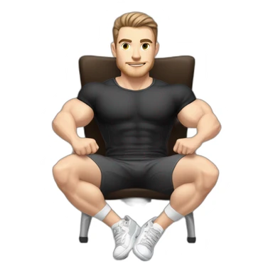 Pale skinned Fit Man With the biceps and dark brown hair in black shirt, gray sports shorts and white Sneakers Sitting on a chair sticker