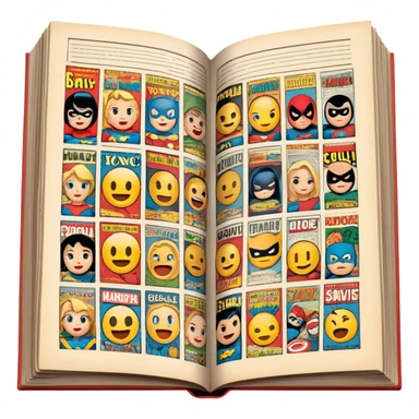 detailed and vintage-inspired emoji representing comic magazines and graphic novels as a storytelling art form. a large, open comic magazine with pages filled with classic American comic book panels. classic feel of old-school comic books a graphic novel. background transparent. No smiles! sticker
