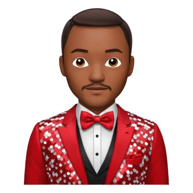 Anthony Mackie with dark brown hair, red shirt, white sequin suit jacket with bow tie sticker