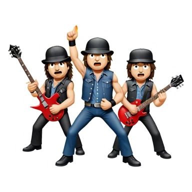 Cinematic Realistic AC/DC Band Emoji, depicted as a high-energy rock ensemble with electrifying stage presence and gritty textures, rendered with bold vibrant lighting that captures the raw power and rebellious spirit of their music. sticker