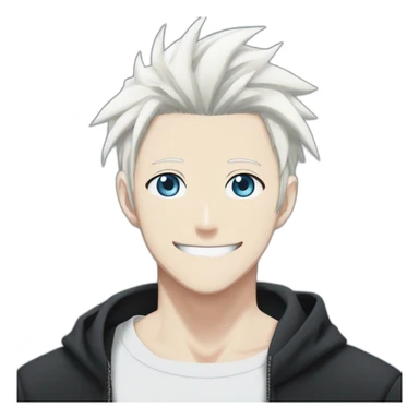 gojo satoru from jujutsu kaisen with white manga hair style, blue sky eyes and wear a black tight tshirt smiling sticker