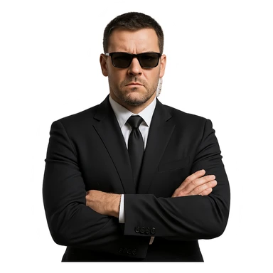bodyguard with tough expression, wearing black suit, sunglasses, and earpiece, standing confidently sticker