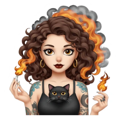 woman with long curly brown hair, brown eyes, white skin, tattoos, black cat turning into smoke and back sticker