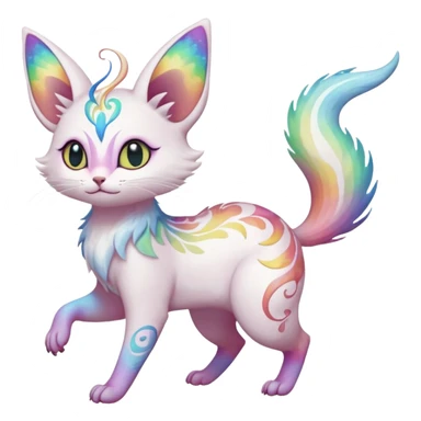 Pure-snow-White albino iridescent with pastel rainbow-gradients-color-markings with swirly patterns butterflies  faerie-Noivern-Noibat-Purloin-Torracat-Lykoi-Caracal-cat-Fakemon-fusion-hybrid-creature-jumping sticker