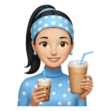  tan skin woman with long face, and very short black hair slicked back ponytail with forehead showing, with polka dot headband, wearing solid light blue turtleneck shirt, drinking iced coffee, smiling with middle parted hair sticker