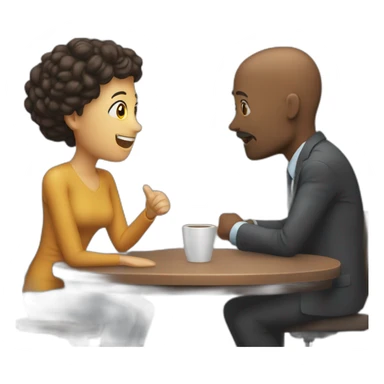 two person, interviewer and a brown person, talking, 4K, high-detailed, with table, sticker