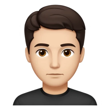 He’s a man with light to medium skin, a defined oval face, full brows, deep-set eyes, and wavy short dark brown hair styled with height, sides are trimmed. expression calm and focused relaxed black open-collar .polished, articulate, and trainer vibe. sticker