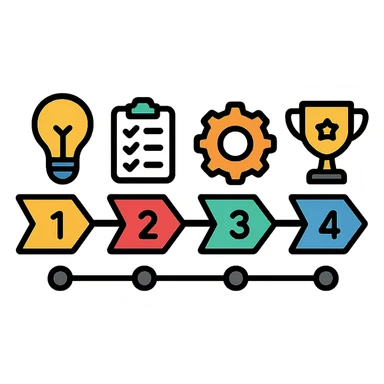 modern horizontal timeline with numbered stages, different colors for each phase, representative icons, isolated on white background sticker