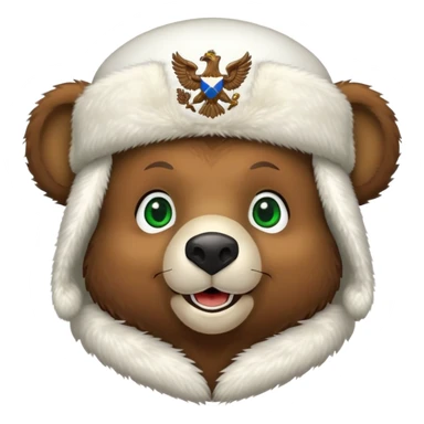 Endearing brown bear head with cute smile and bright green eyes, wearing white ushanka hat with detailed Russian eagle emblem in middle, iOS emoji style sticker