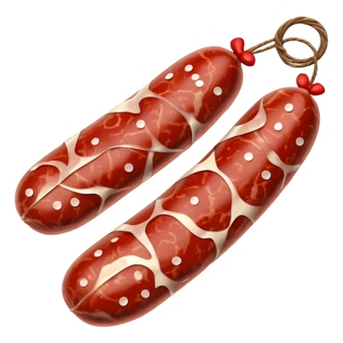 dry-cured sausage white-mottled casing tied with string sliced end marbled red meat and white fat round slices beside glossy speckled irregular edges soft lighting emoji scale sticker