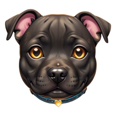 Cinematic Cute Black/Brindle Staffordshire Bull Terrier Portrait Emoji, Head tilted playfully and inquisitively, featuring a glossy Fur with a dynamic mix of black and brindle, round, sparkling dark eyes filled with curiosity, Simplified yet irresistibly adorable features, highly detailed, glowing with a warm, friendly glow, high shine, affectionate and spirited, stylized with a touch of whimsy, bright and endearing, soft glowing outline, capturing the essence of a mischievous yet loving pup, so playful it feels like it could bound out of the screen and into your arms! sticker