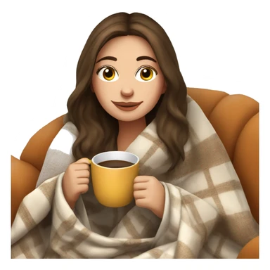 Brunette white girl covered in blanket autumn vibe sitting on a cozy chair holding coffee sticker