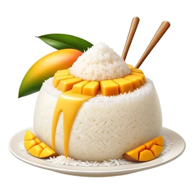 cinematic-realistic-mango-sticky-rice-dessert-emoji,-showcasing-sweet-sticky-rice out of a mould-paired-with-ripe-mango-slices-and-coconut-milk-rendered-with-lifelike-detail-and-warm,-inviting-lighting with the coconut  milk over the rice sticker