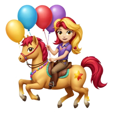 sunset shimmer mlp holding colorful balloons tied to its saddle, looking cheerful. sticker