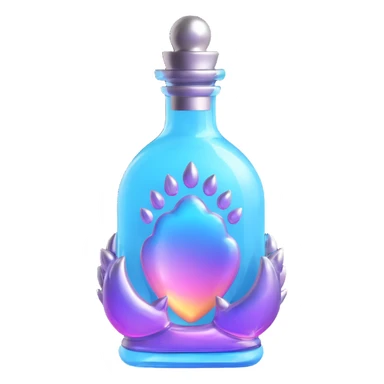 monster paw-shaped luxurious elixir bottle, vibrant color, iridescent and silver details, intense magical glowing and sparkling effects, very small neck, seamless bottom, transparent background, floating, no base or shadow, modern, matching a collection sticker