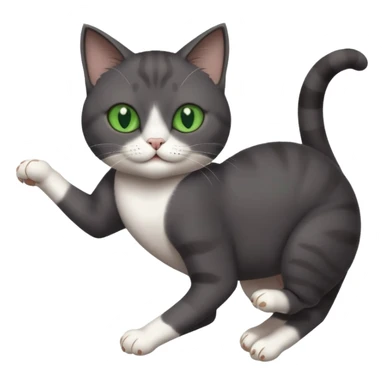 dark grey cat with green eyes, white toes/paws and white patch on her chest playfully rolling upside down sticker